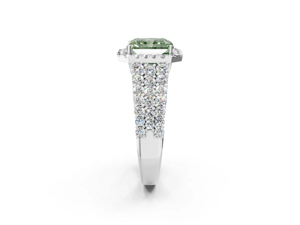 White gold Fancy Green Radiant Cut Halo Pavé Diamond Engagement Ring with Split Shank and Four-Prong Setting