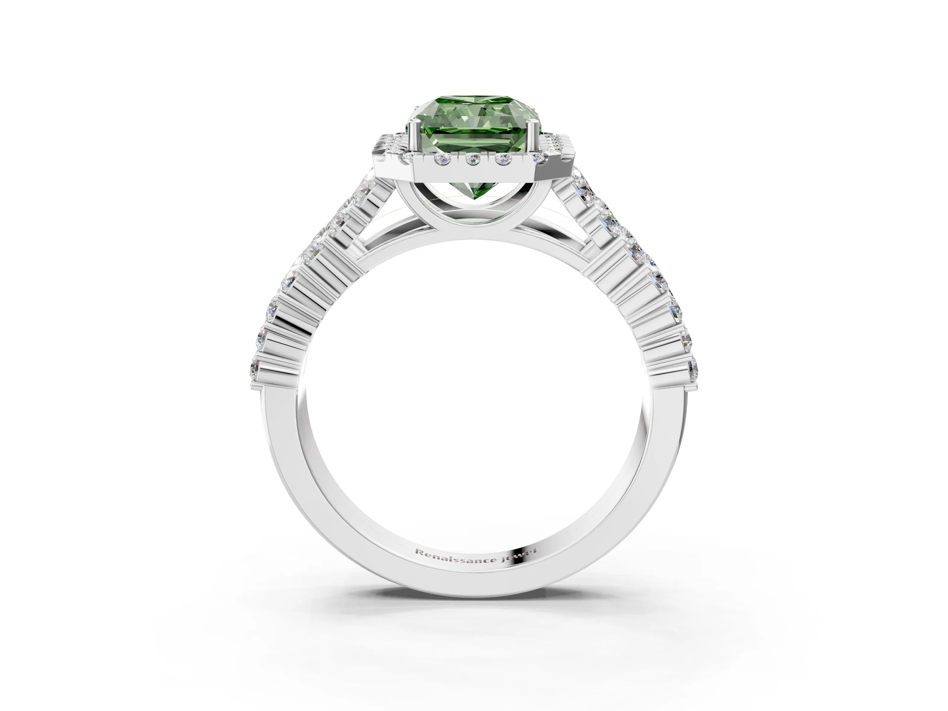 White gold Fancy Green Radiant Cut Halo Pavé Diamond Engagement Ring with Split Shank and Four-Prong Setting_6