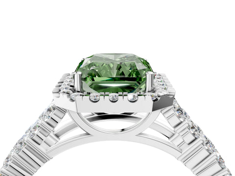 White gold Fancy Green Radiant Cut Halo Pavé Diamond Engagement Ring with Split Shank and Four-Prong Setting_7