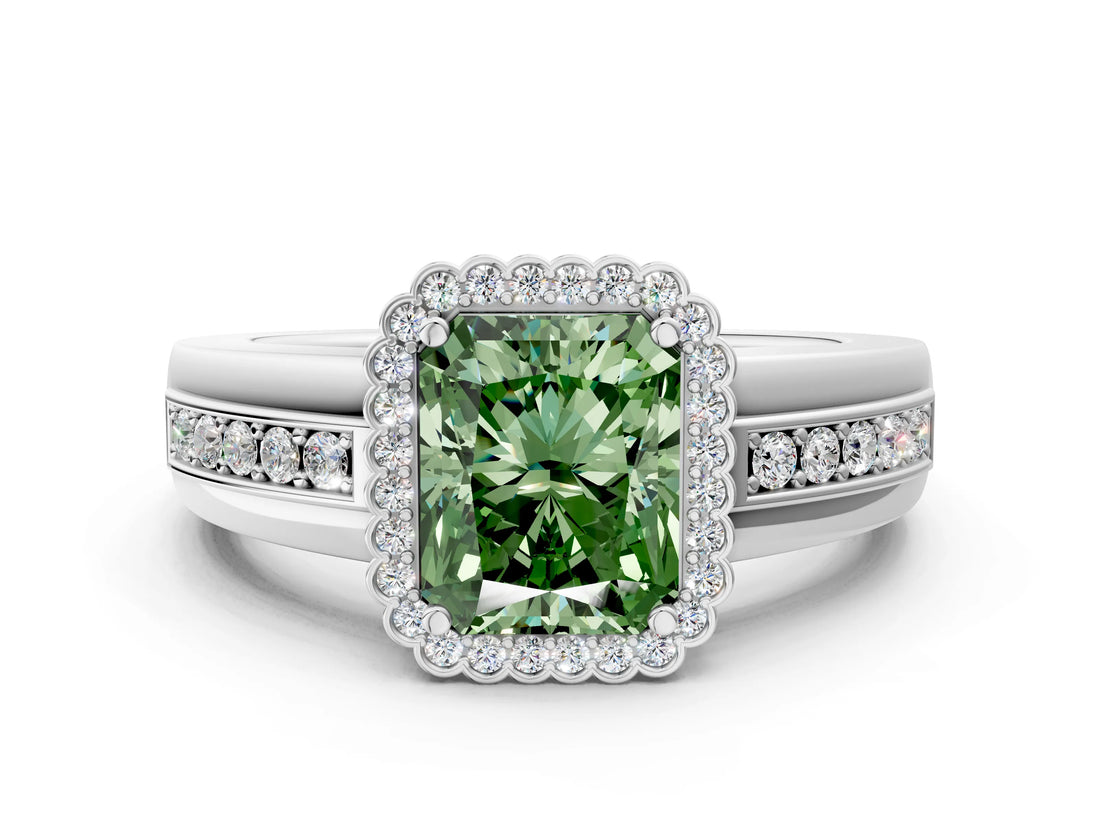 White gold Fancy Green Radiant  Cut Halo Pave Band Four-Prong Ring_49
