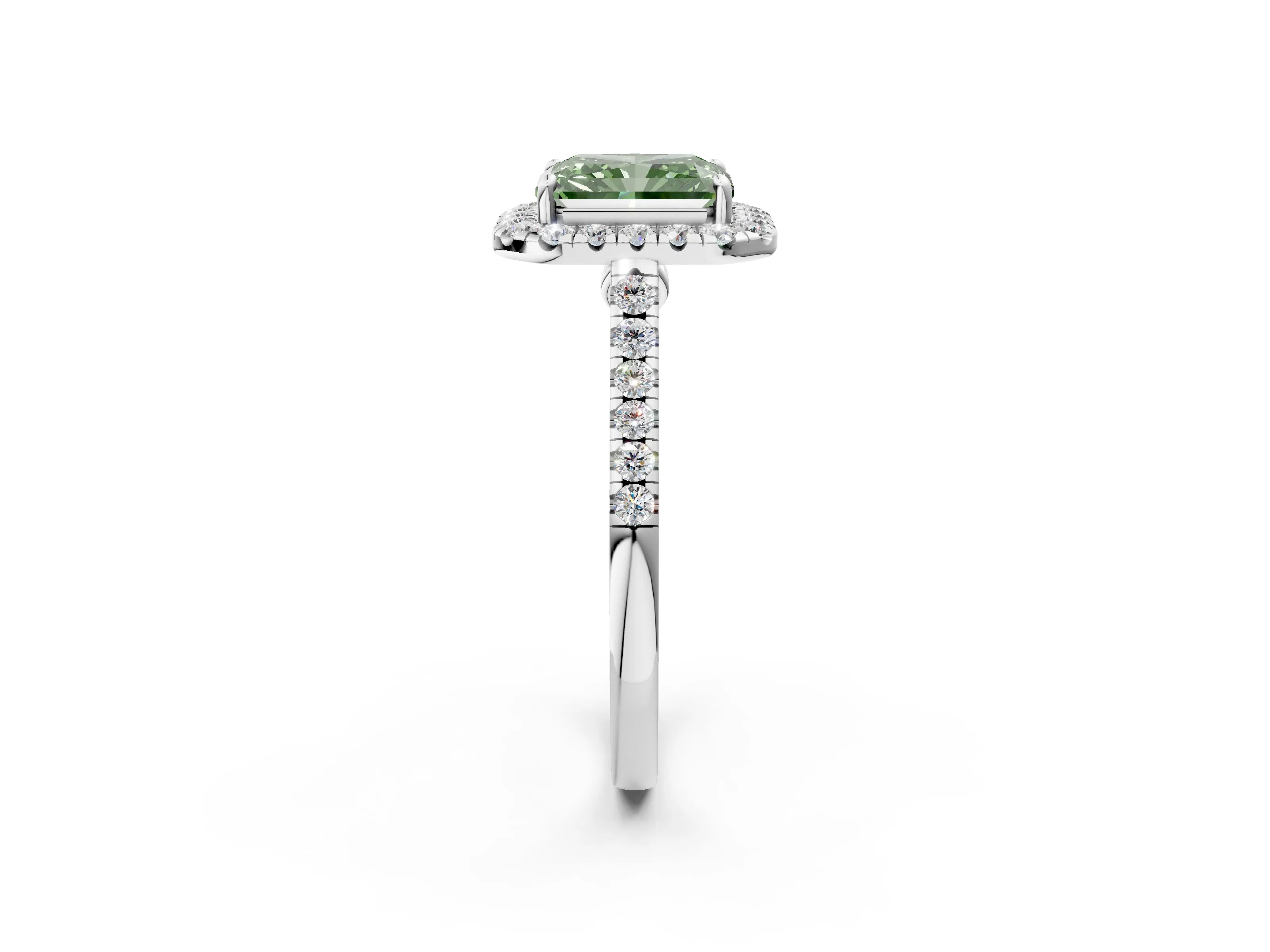 White gold Fancy Green Radiant Cut Halo Pave Diamond Engagement Ring with Four-Prong Setting_50