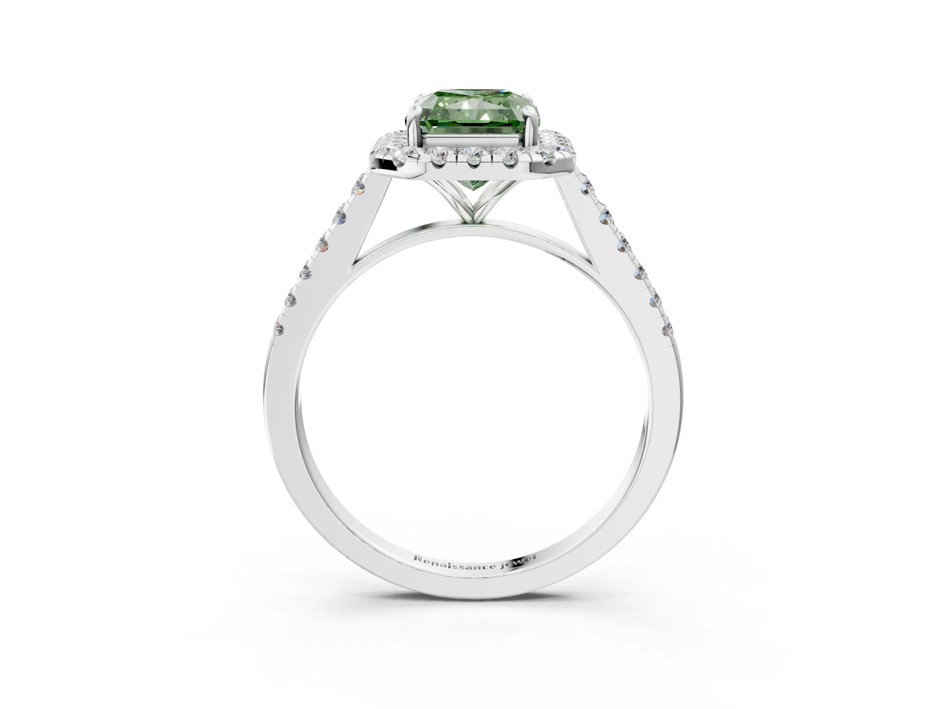 White gold Fancy Green Radiant Cut Halo Pave Diamond Engagement Ring with Four-Prong Setting_51
