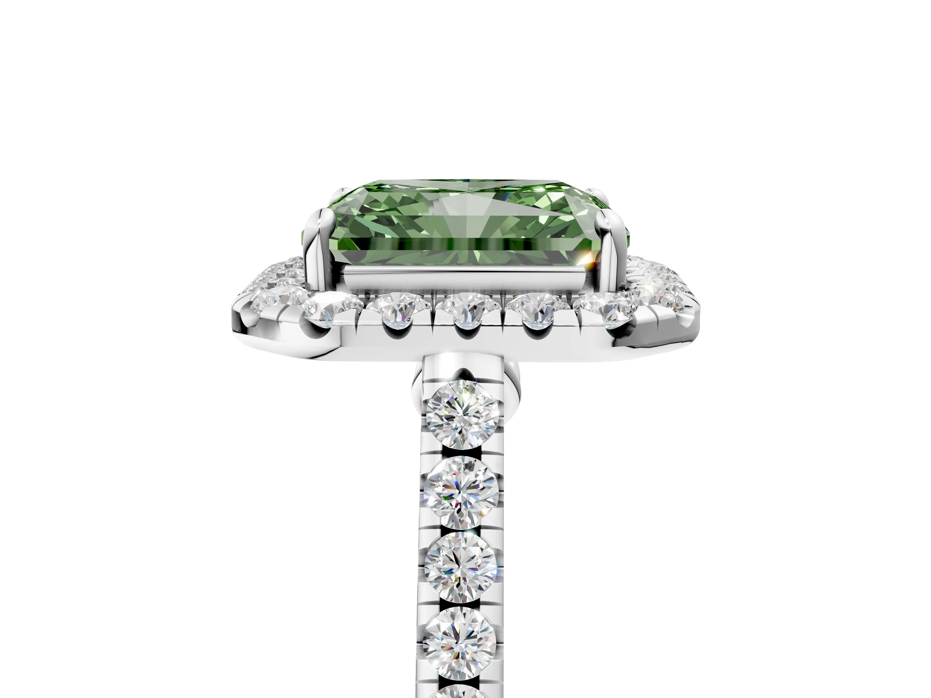White gold Fancy Green Radiant Cut Halo Pave Diamond Engagement Ring with Four-Prong Setting_53