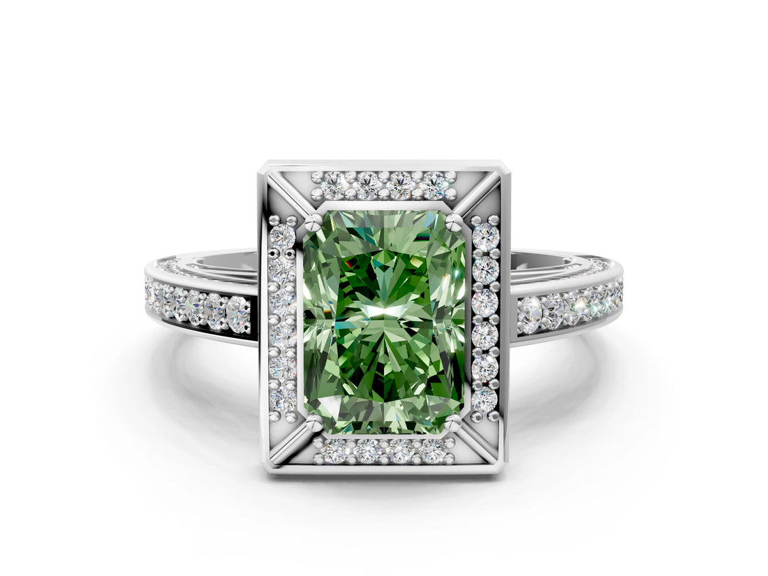 White gold Fancy Green Radiant  Cut Halo Pave Split Shank Prong Setting Ring_32