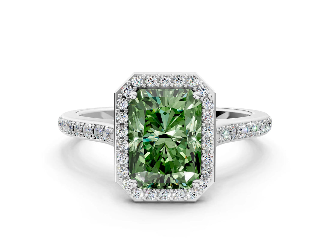 White gold Fancy Green Radiant Cut Halo Round Diamond Pavé Band with Four-Prong Setting_15