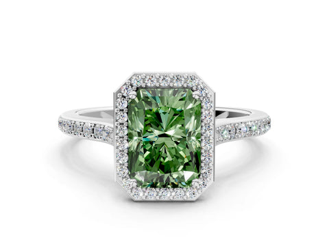 White gold Fancy Green Radiant Cut Halo Round Diamond Pavé Band with Four-Prong Setting_15