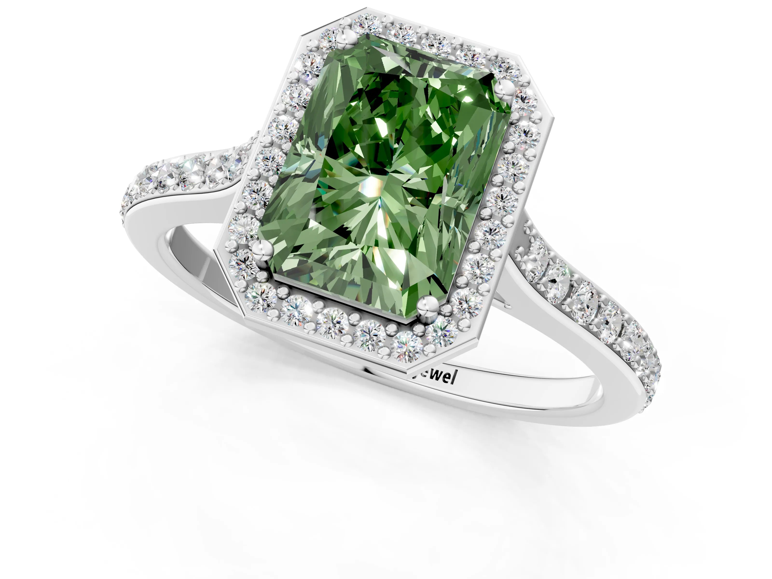 White gold Fancy Green Radiant Cut Halo Round Diamond Pavé Band with Four-Prong Setting_16