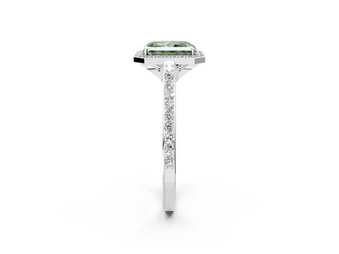 White gold Fancy Green Radiant Cut Halo Round Diamond Pavé Band with Four-Prong Setting_17