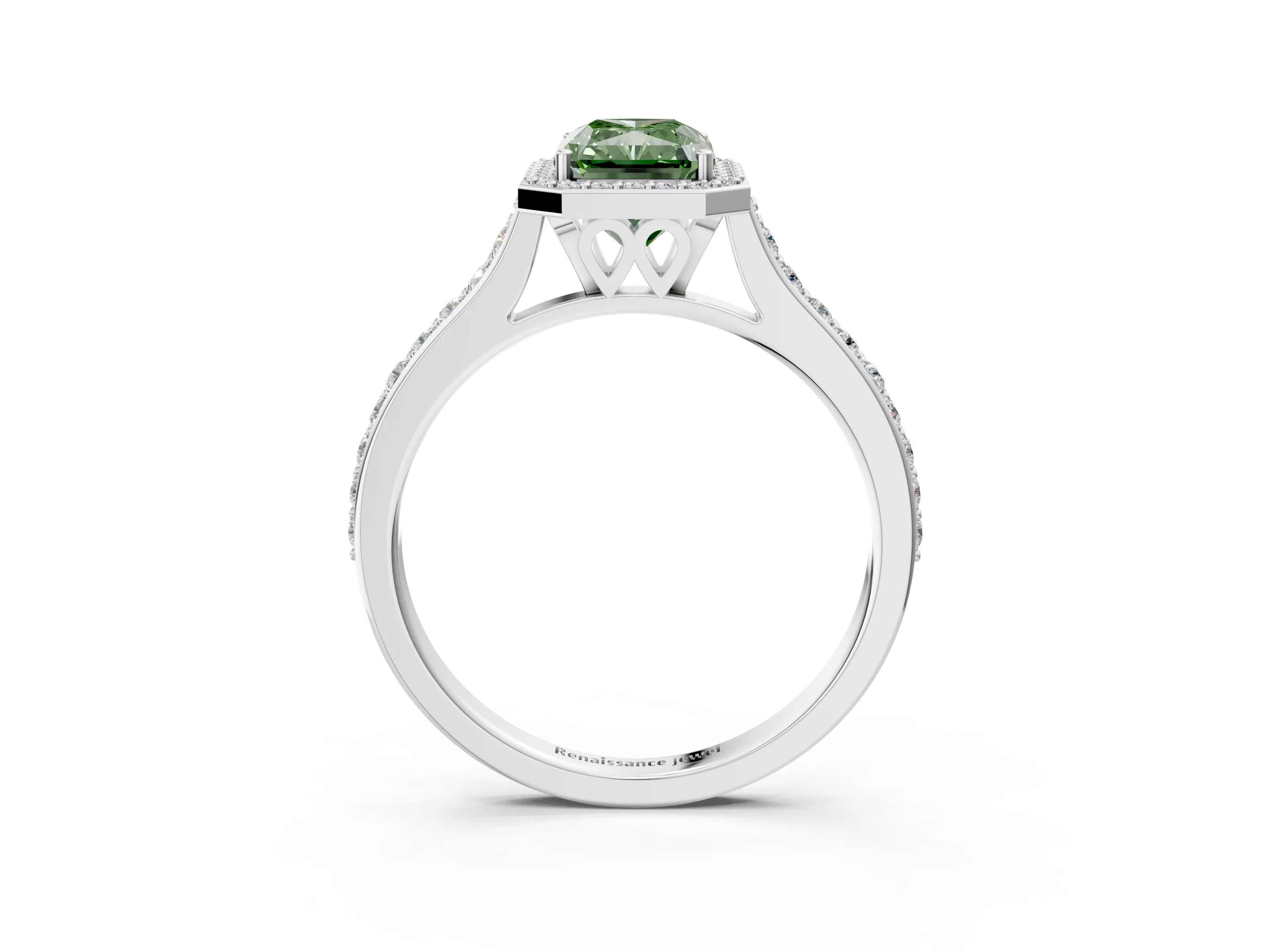 White gold Fancy Green Radiant Cut Halo Round Diamond Pavé Band with Four-Prong Setting_18