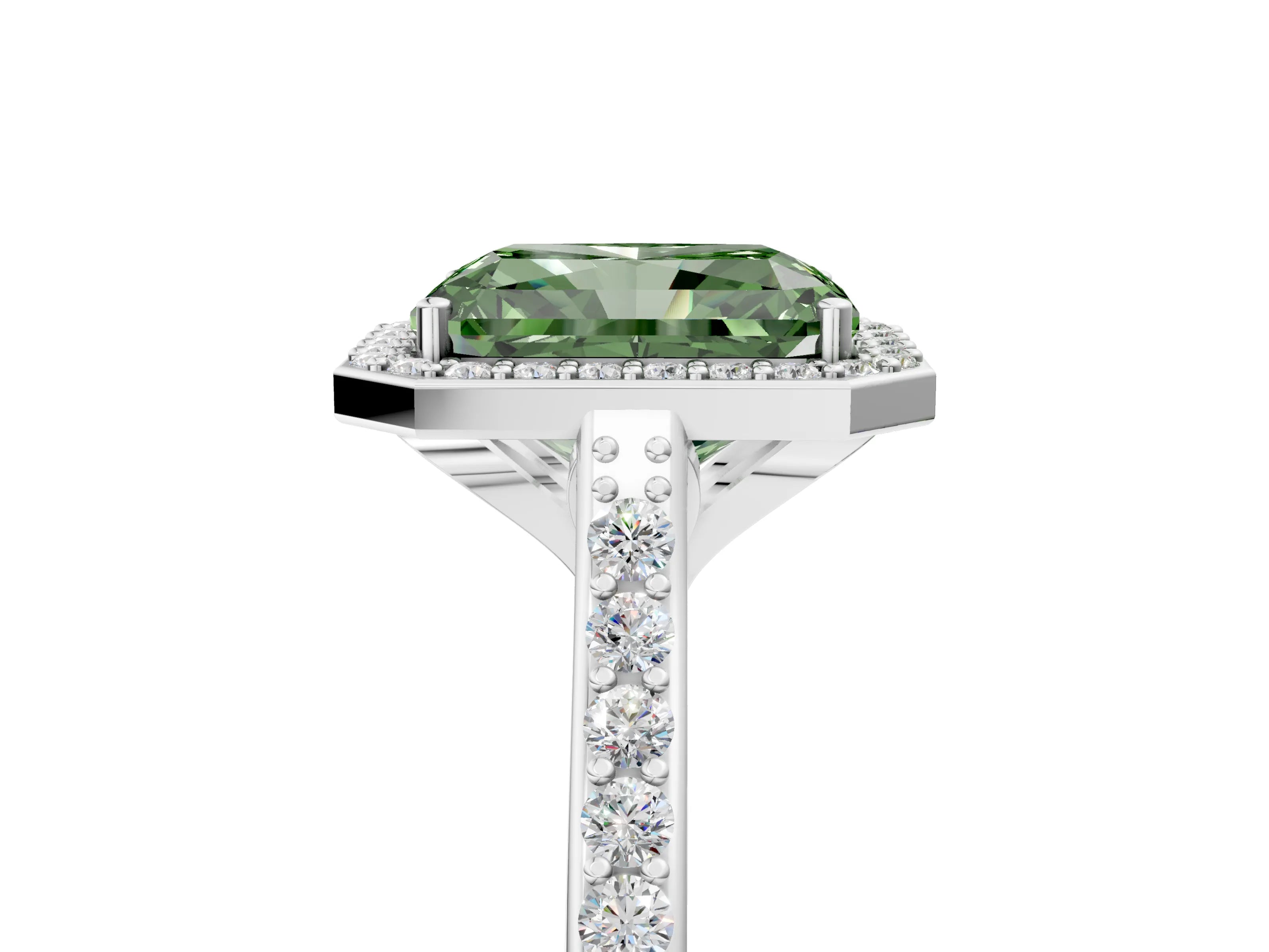 White gold Fancy Green Radiant Cut Halo Round Diamond Pavé Band with Four-Prong Setting_20