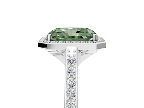 White gold Fancy Green Radiant Cut Halo Round Diamond Pavé Band with Four-Prong Setting_20