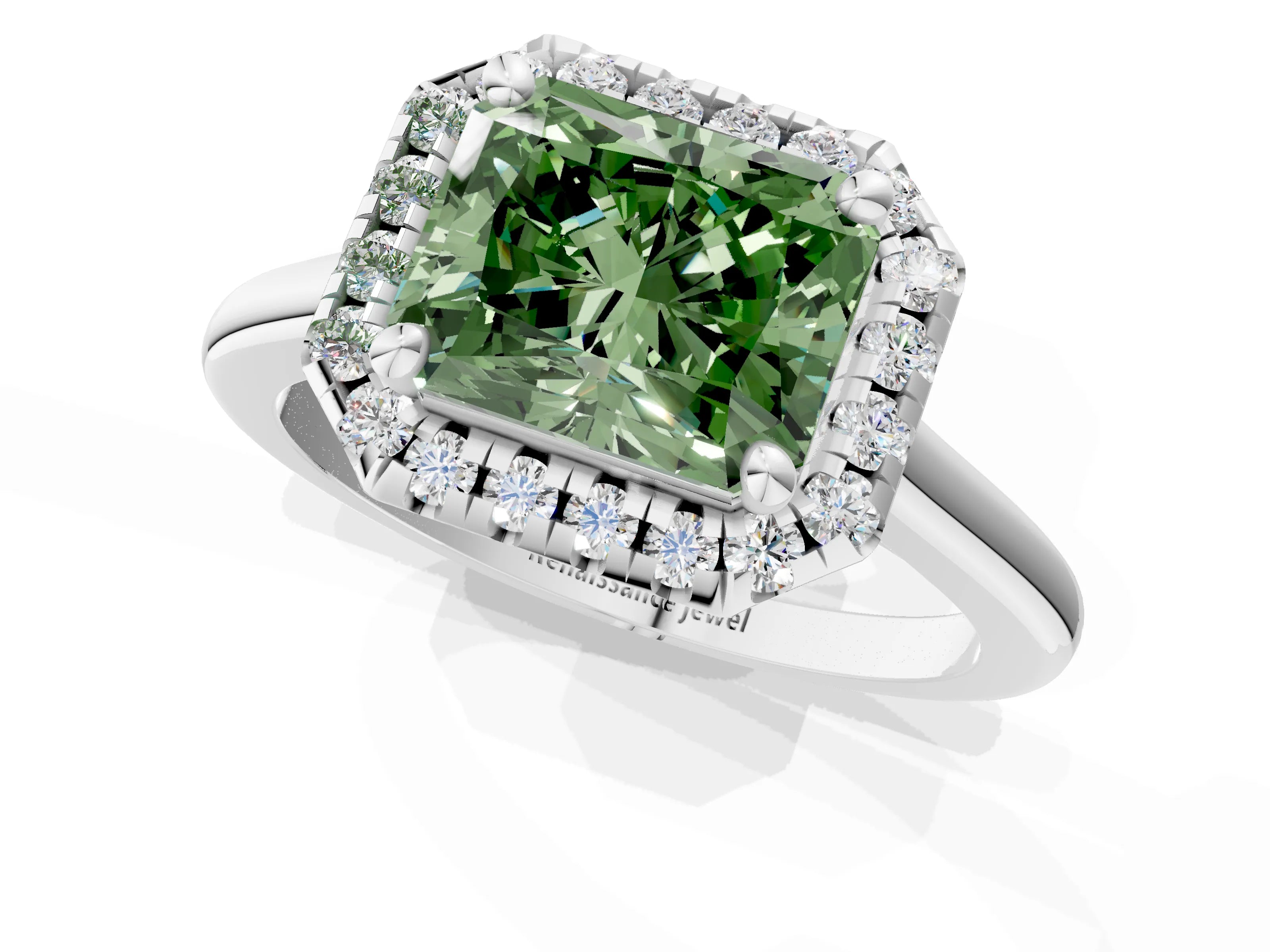 White gold Fancy Green Radiant Cut Halo Round Diamond Solitaire Engagement Ring with Pave Band and Four-Prong Setting_1
