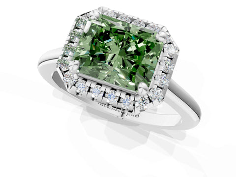 White gold Fancy Green Radiant Cut Halo Round Diamond Solitaire Engagement Ring with Pave Band and Four-Prong Setting_1