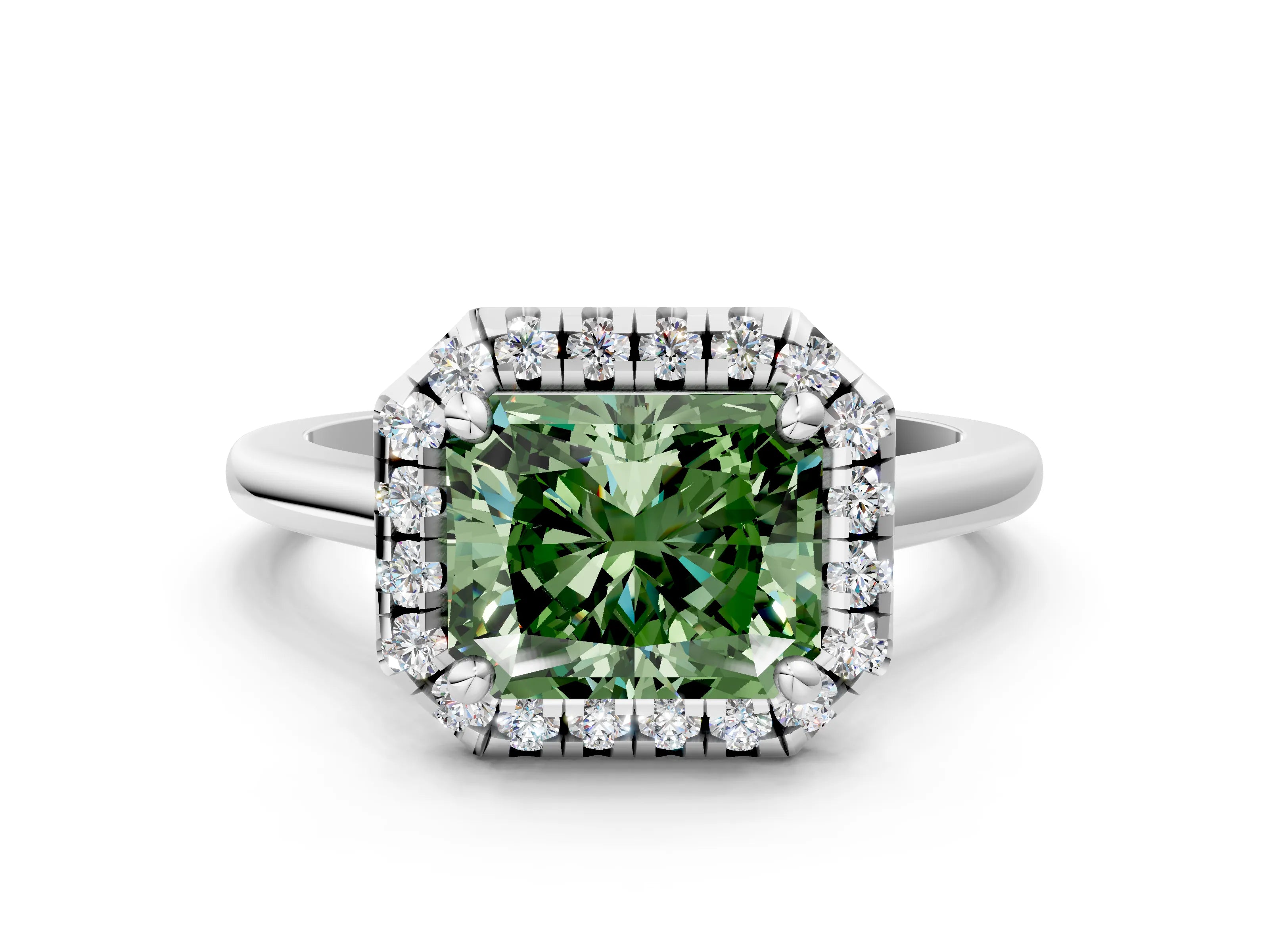 White gold Fancy Green Radiant Cut Halo Round Diamond Solitaire Engagement Ring with Pave Band and Four-Prong Setting_24