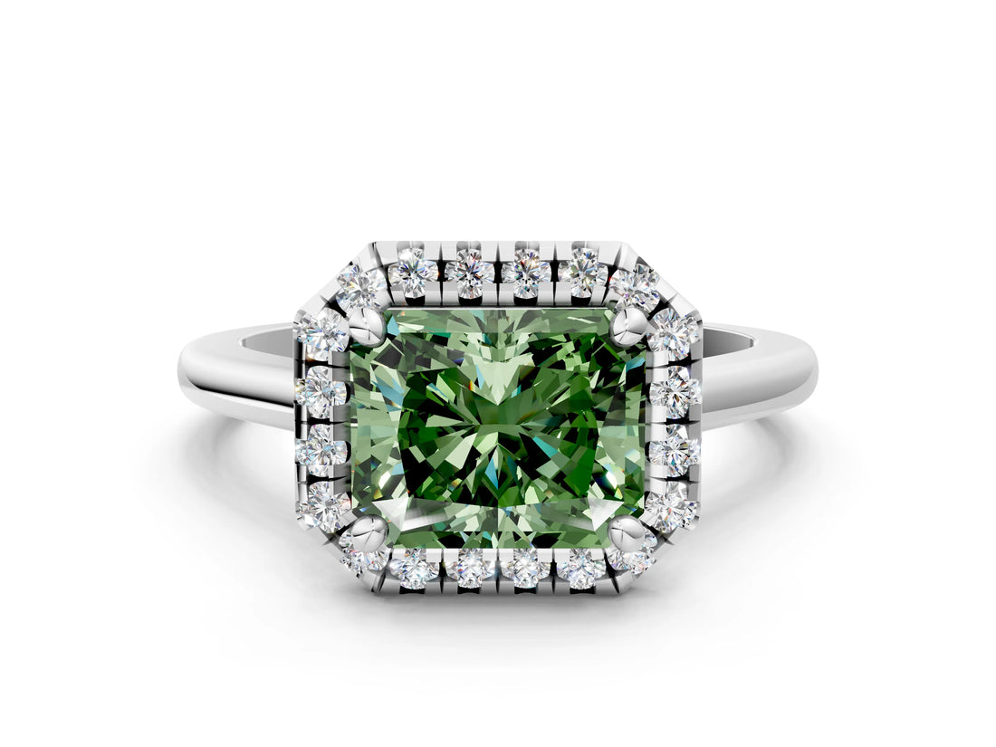 White gold Fancy Green Radiant Cut Halo Round Diamond Solitaire Engagement Ring with Pave Band and Four-Prong Setting_25