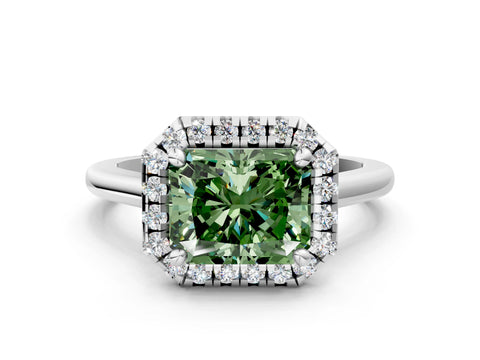 White gold Fancy Green Radiant Cut Halo Round Diamond Solitaire Engagement Ring with Pave Band and Four-Prong Setting_25