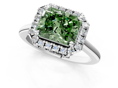 White gold Fancy Green Radiant Cut Halo Round Diamond Solitaire Engagement Ring with Pave Band and Four-Prong Setting_26