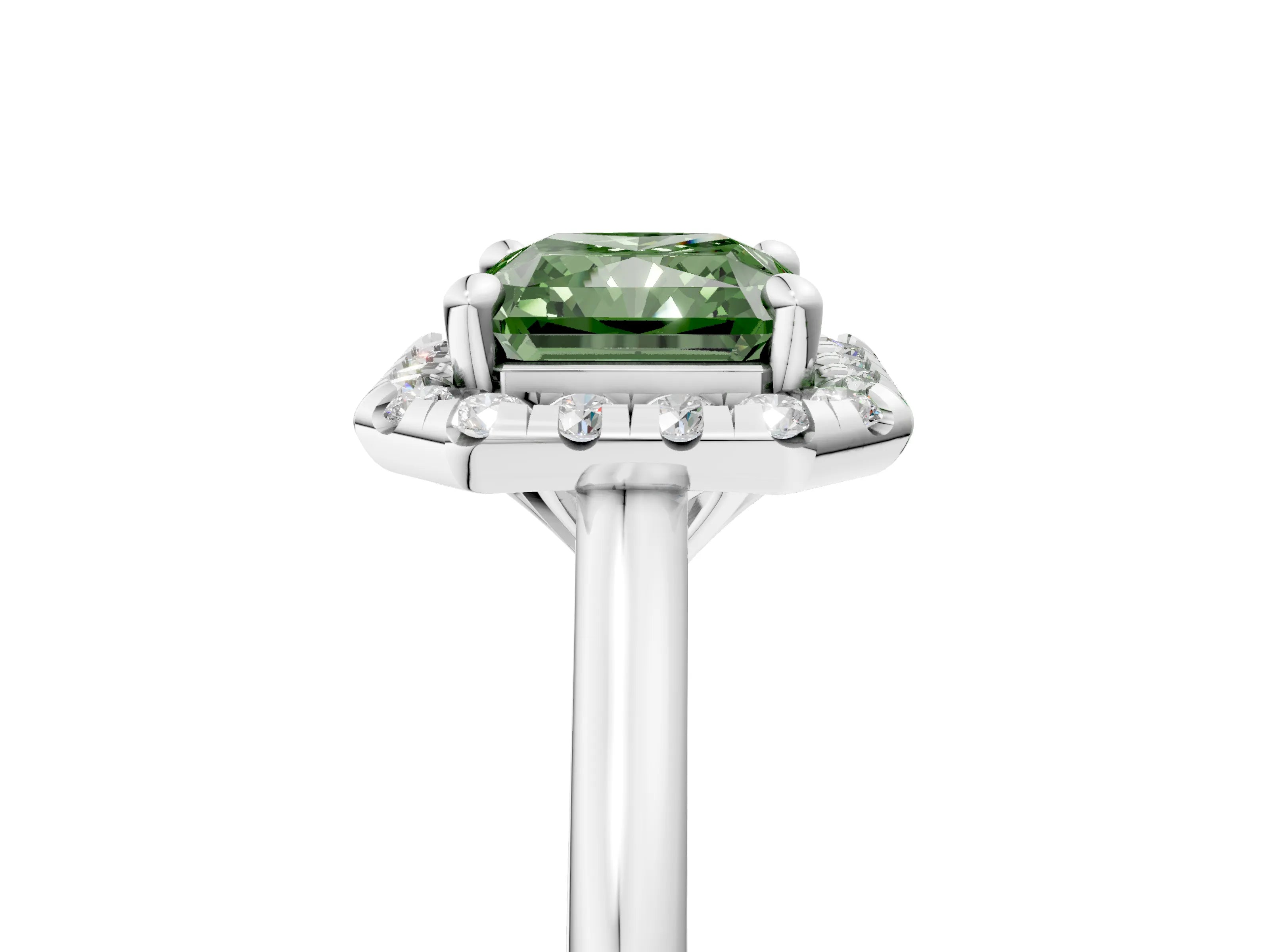 White gold Fancy Green Radiant Cut Halo Round Diamond Solitaire Engagement Ring with Pave Band and Four-Prong Setting_30