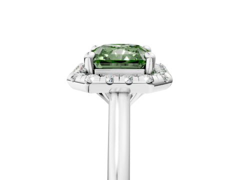 White gold Fancy Green Radiant Cut Halo Round Diamond Solitaire Engagement Ring with Pave Band and Four-Prong Setting_30