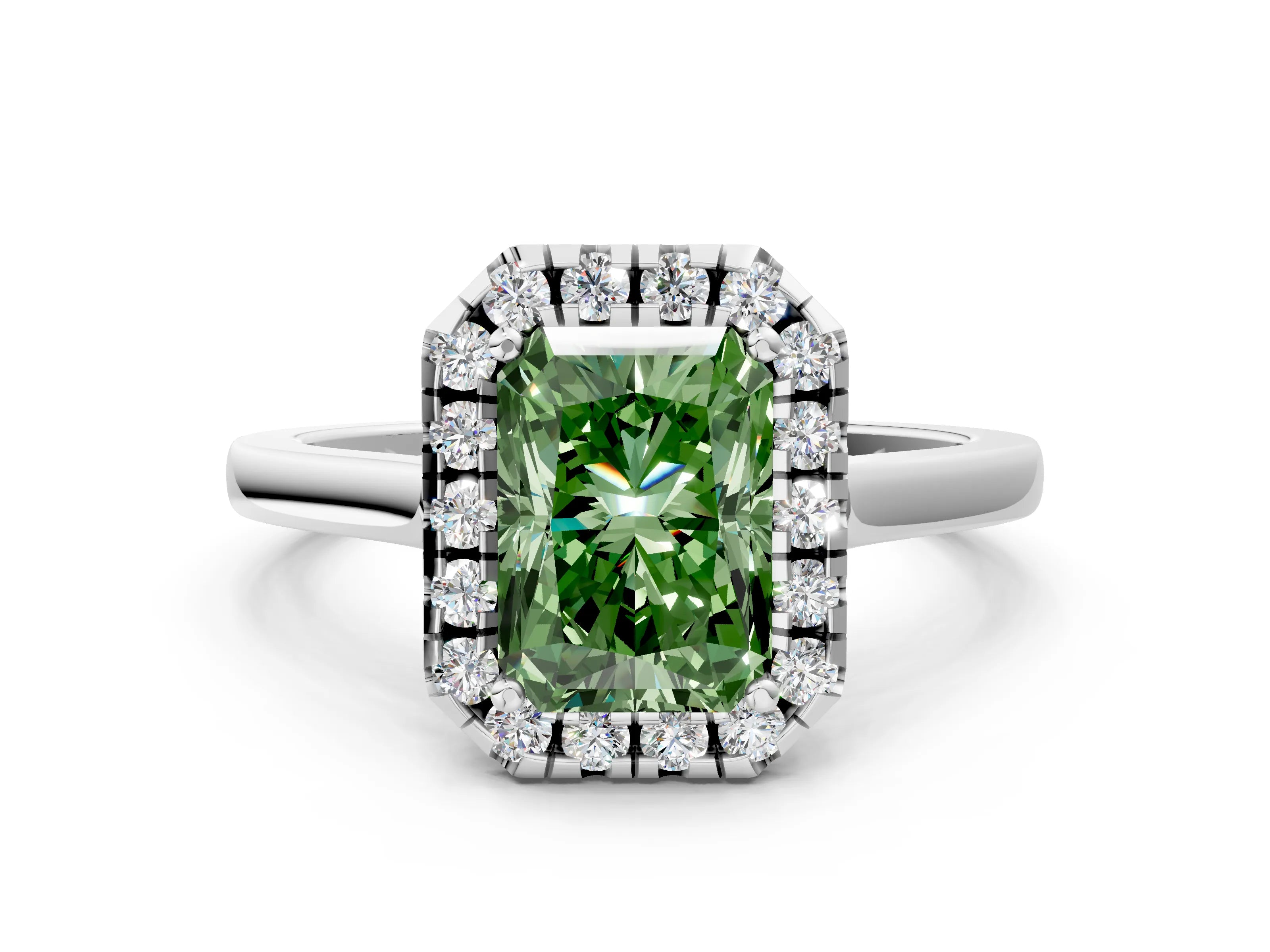 White gold Fancy Green Radiant Cut Halo Round Diamond Solitaire Ring with Pavé Band and Four-Prong Setting