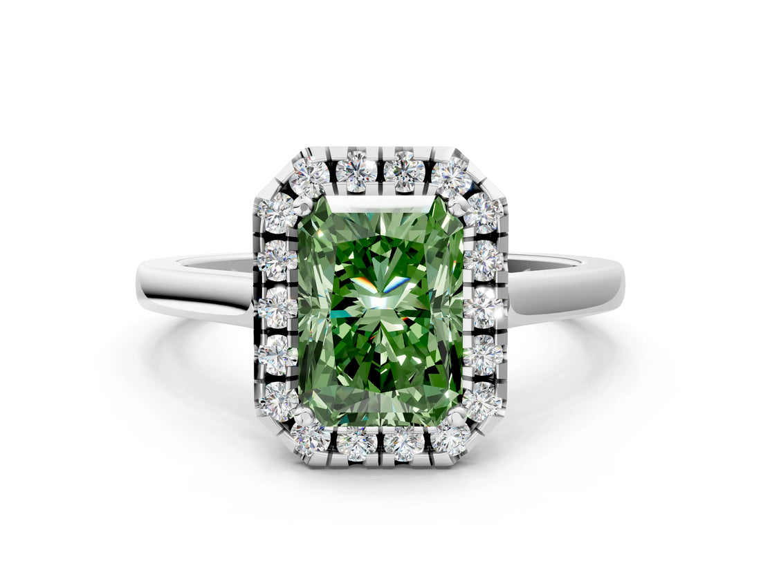 White gold Fancy Green Radiant Cut Halo Round Diamond Solitaire Ring with Pavé Band and Four-Prong Setting