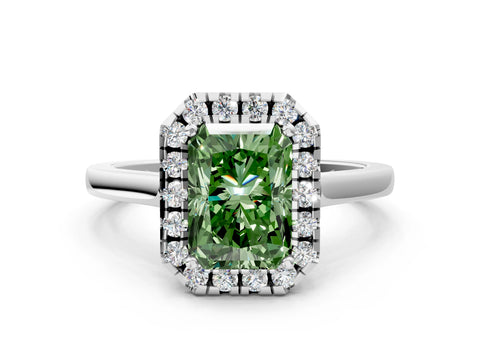 White gold Fancy Green Radiant Cut Halo Round Diamond Solitaire Ring with Pavé Band and Four-Prong Setting