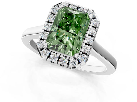 White gold Fancy Green Radiant Cut Halo Round Diamond Solitaire Ring with Pavé Band and Four-Prong Setting_1