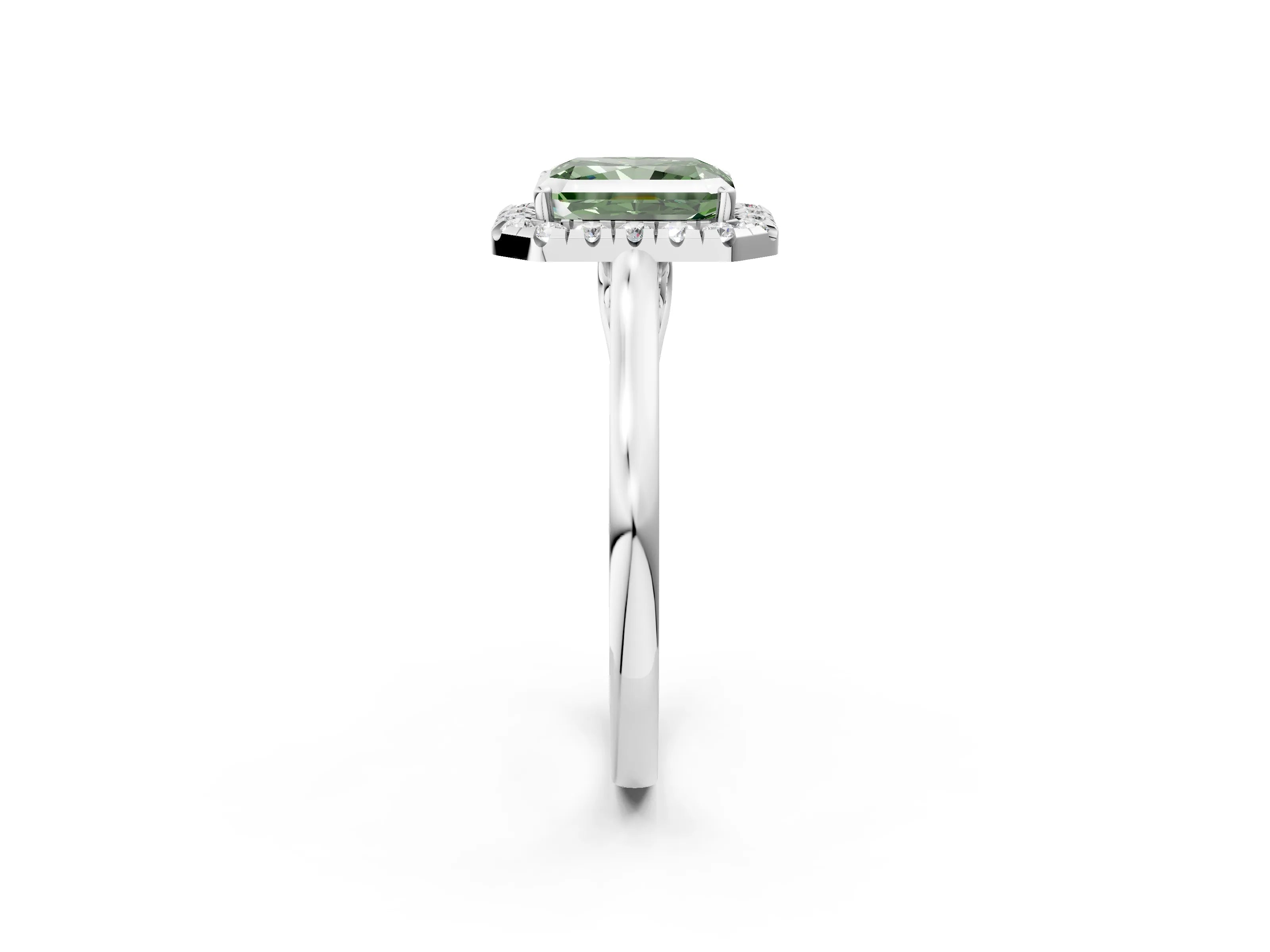 White gold Fancy Green Radiant Cut Halo Round Diamond Solitaire Ring with Pavé Band and Four-Prong Setting_2