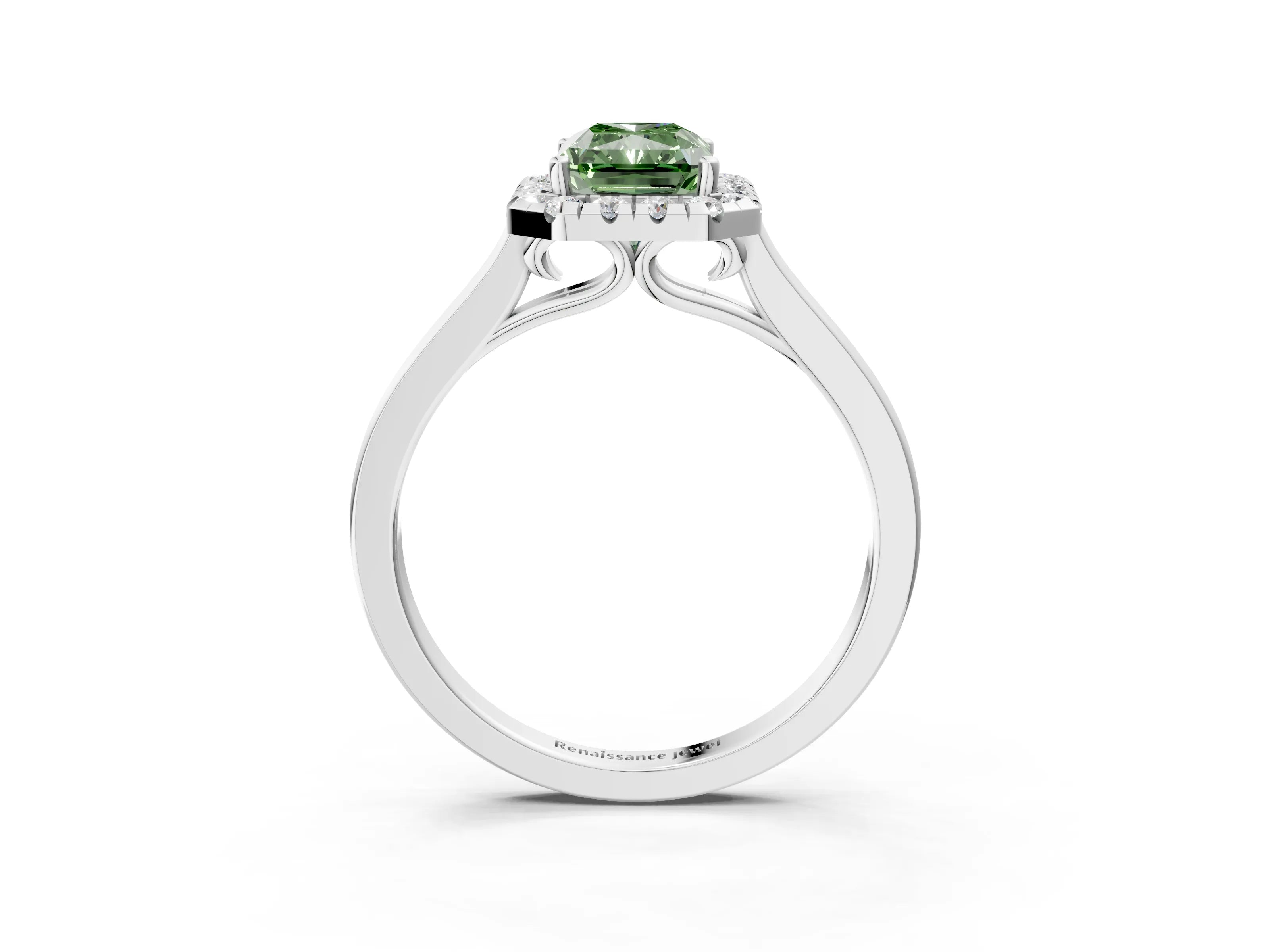 White gold Fancy Green Radiant Cut Halo Round Diamond Solitaire Ring with Pavé Band and Four-Prong Setting_3