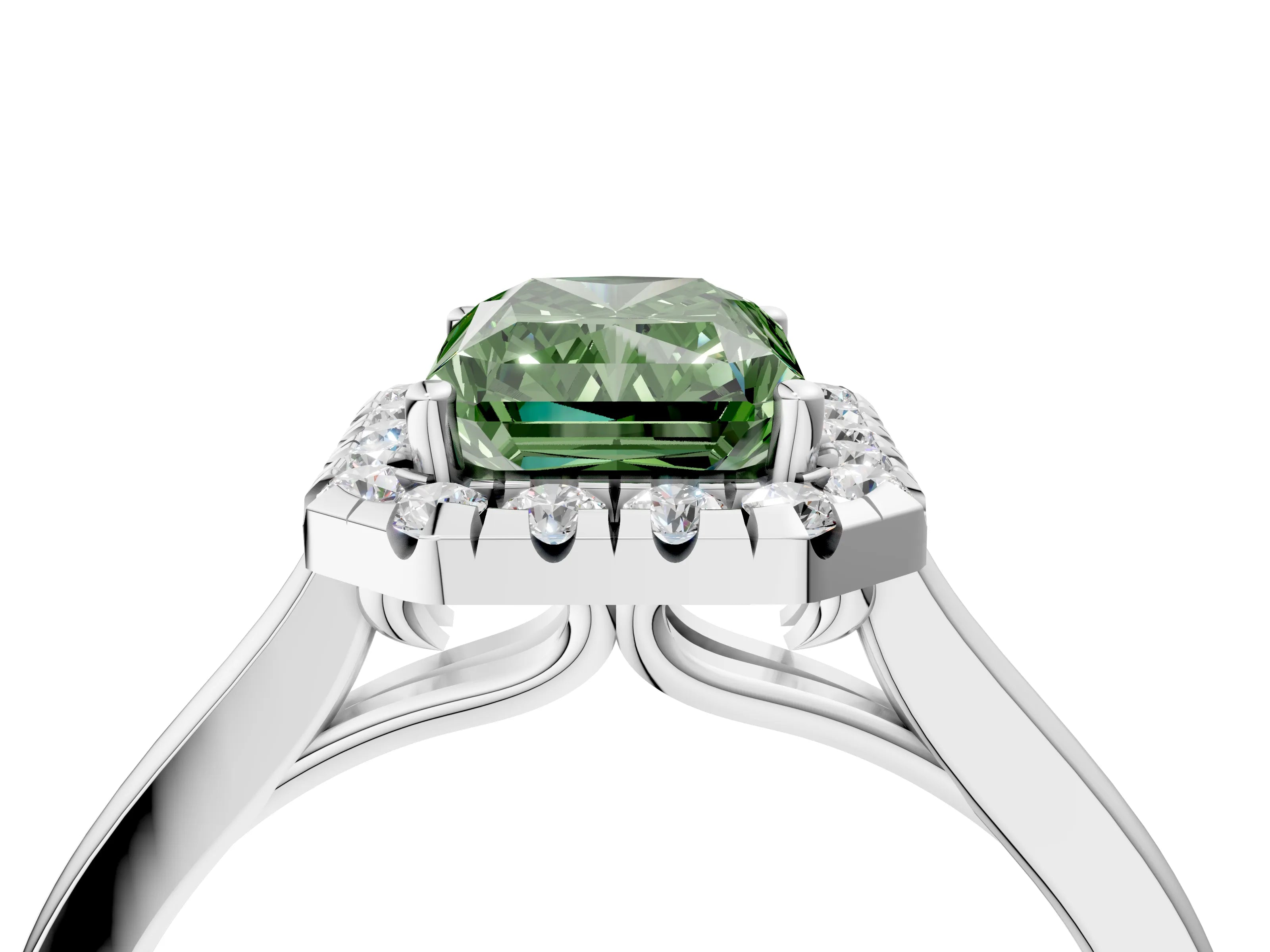 White gold Fancy Green Radiant Cut Halo Round Diamond Solitaire Ring with Pavé Band and Four-Prong Setting_4