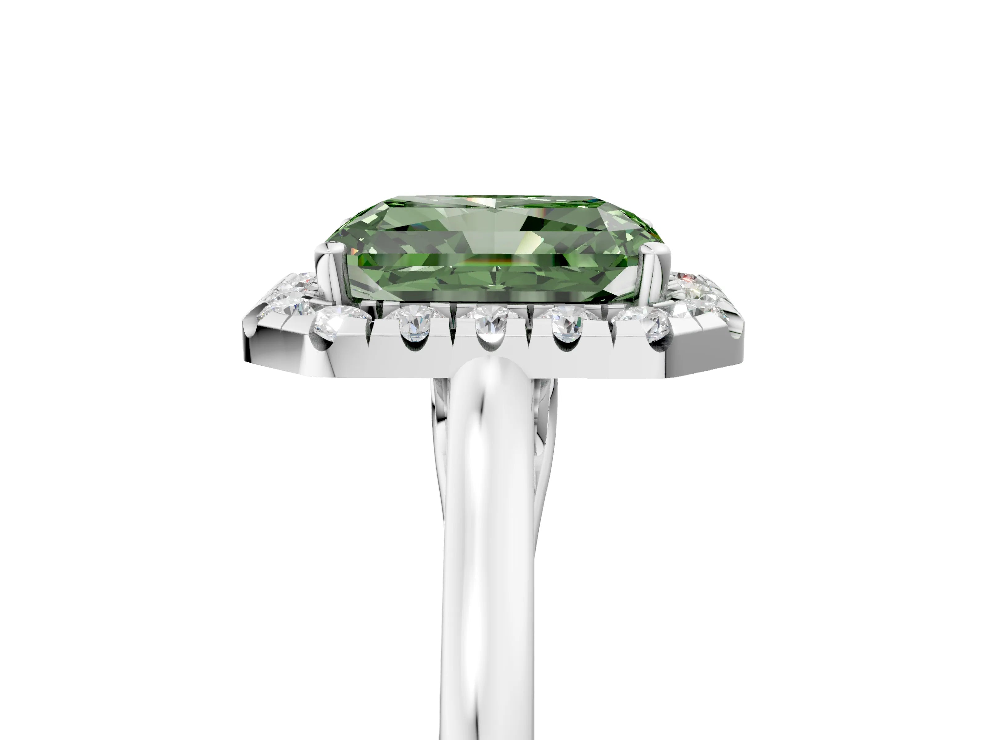 White gold Fancy Green Radiant Cut Halo Round Diamond Solitaire Ring with Pavé Band and Four-Prong Setting_5
