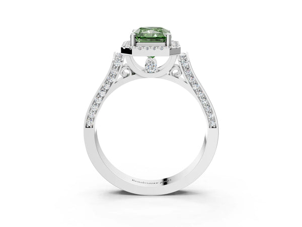 Platinum Fancy Green Radiant Cut Halo Round Diamond Twist Band with Four-Prong Setting