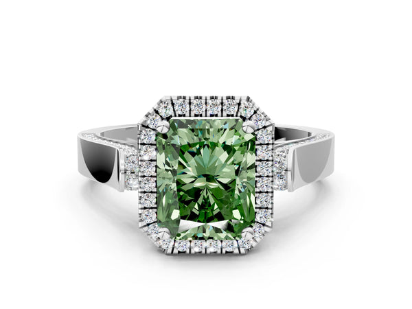 Platinum Fancy Green Radiant Cut Halo Round Diamond Twist Band with Four-Prong Setting