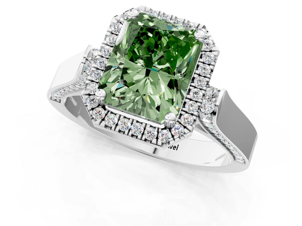 Platinum Fancy Green Radiant Cut Halo Round Diamond Twist Band with Four-Prong Setting