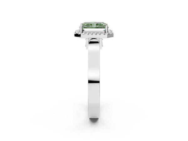 Platinum Fancy Green Radiant Cut Halo Round Diamond Twist Band with Four-Prong Setting
