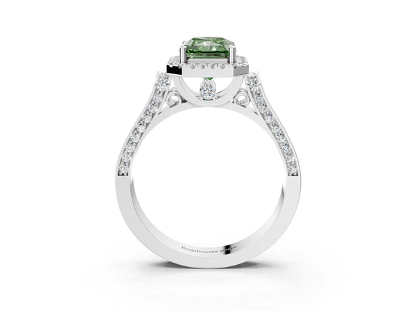 Platinum Fancy Green Radiant Cut Halo Round Diamond Twist Band with Four-Prong Setting