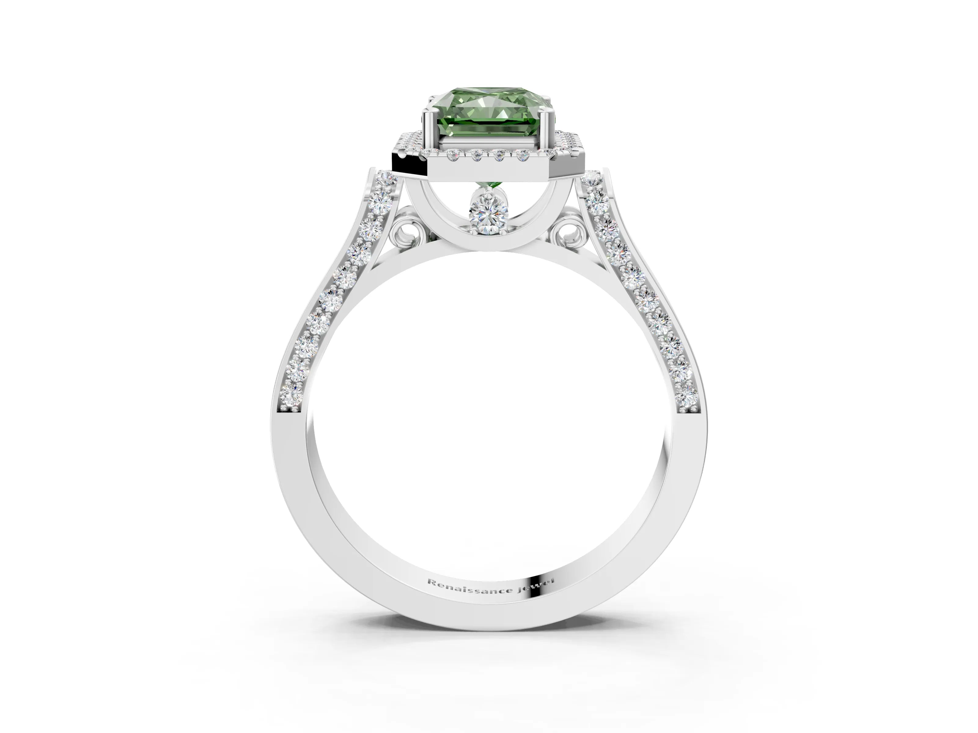 White gold Fancy Green Radiant Cut Halo Round Diamond Twist Band with Four-Prong Setting_27