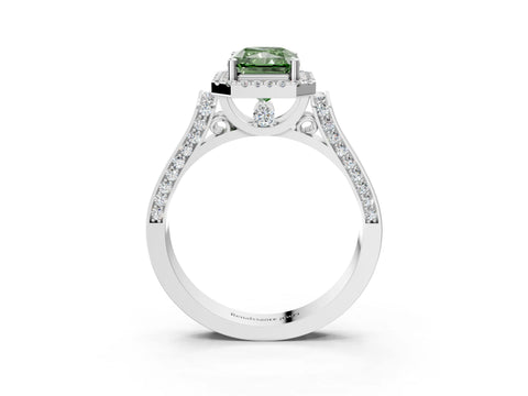 White gold Fancy Green Radiant Cut Halo Round Diamond Twist Band with Four-Prong Setting_27