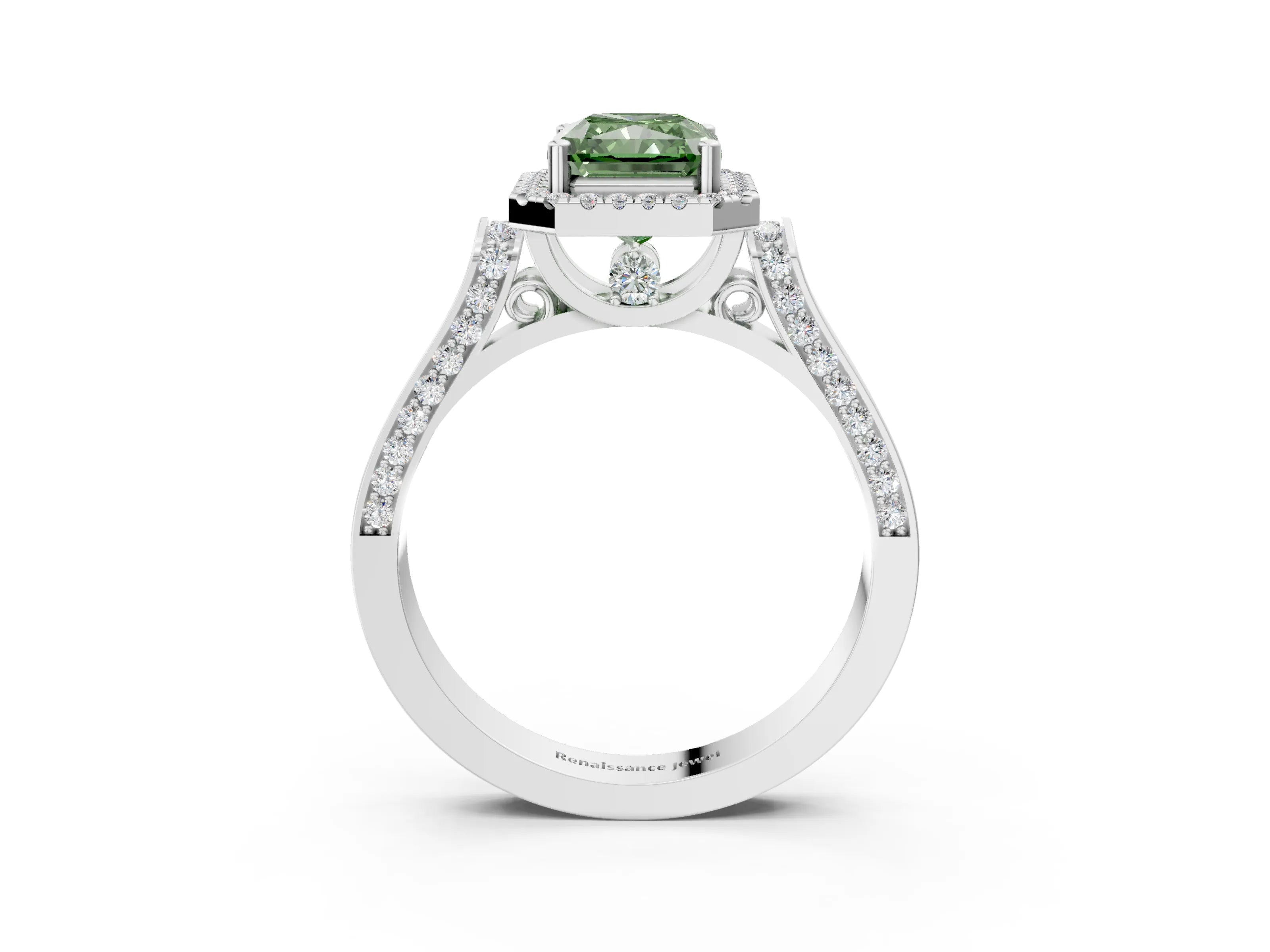 White gold Fancy Green Radiant Cut Halo Round Diamond Twist Band with Four-Prong Setting_3
