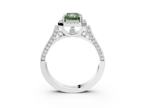 White gold Fancy Green Radiant Cut Halo Round Diamond Twist Band with Four-Prong Setting_3
