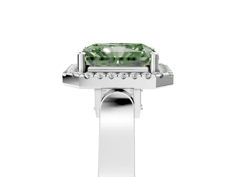 White gold Fancy Green Radiant Cut Halo Round Diamond Twist Band with Four-Prong Setting_5