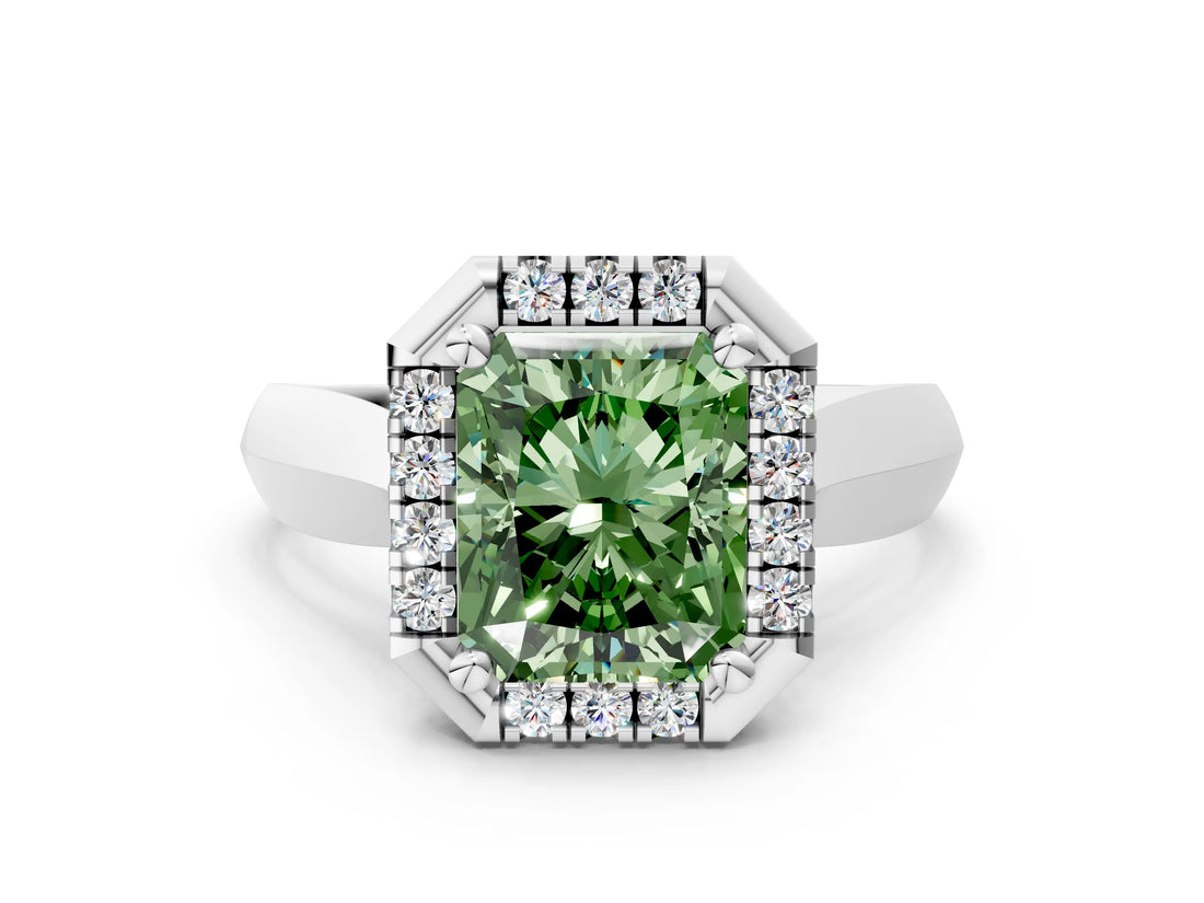 White gold Fancy Green Radiant  Cut Halo Solitaire Engagement Ring with Square Band and Four-Prong Setting_12