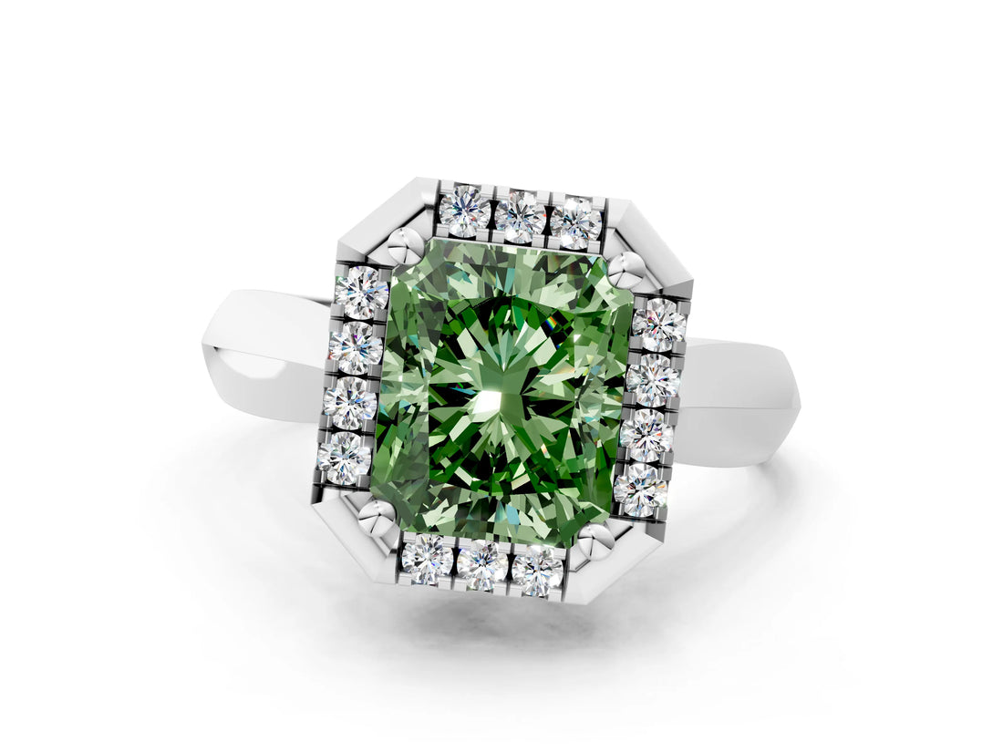 White gold Fancy Green Radiant  Cut Halo Solitaire Engagement Ring with Square Band and Four-Prong Setting_220
