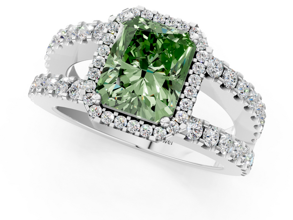 Platinum Fancy Green Radiant  Cut Halo Split Shank Diamond Ring with Four-Prong Setting
