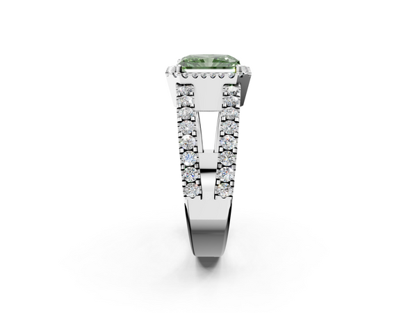 Platinum Fancy Green Radiant  Cut Halo Split Shank Diamond Ring with Four-Prong Setting