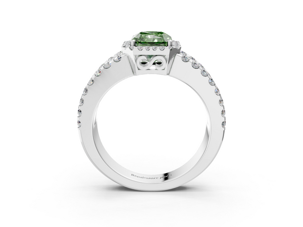 Platinum Fancy Green Radiant  Cut Halo Split Shank Diamond Ring with Four-Prong Setting