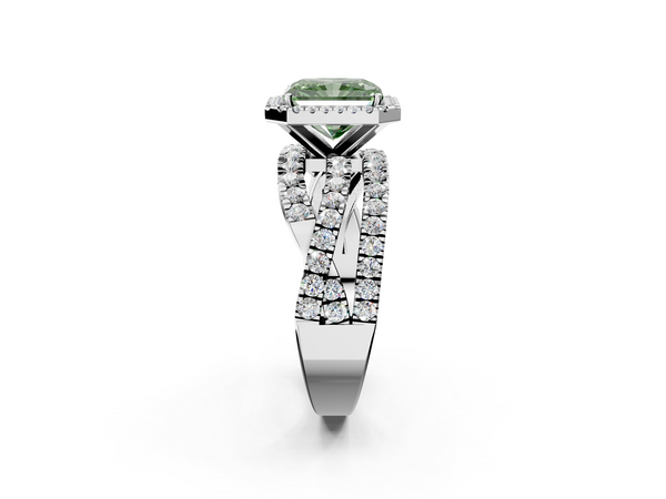 White gold Fancy Green Radiant  Cut Halo Split Shank Prong Setting Ring