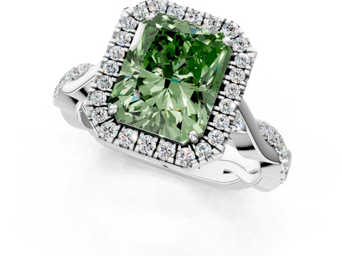 White gold Fancy Green Radiant Cut Halo Twist Band with Four-Prong Setting_1