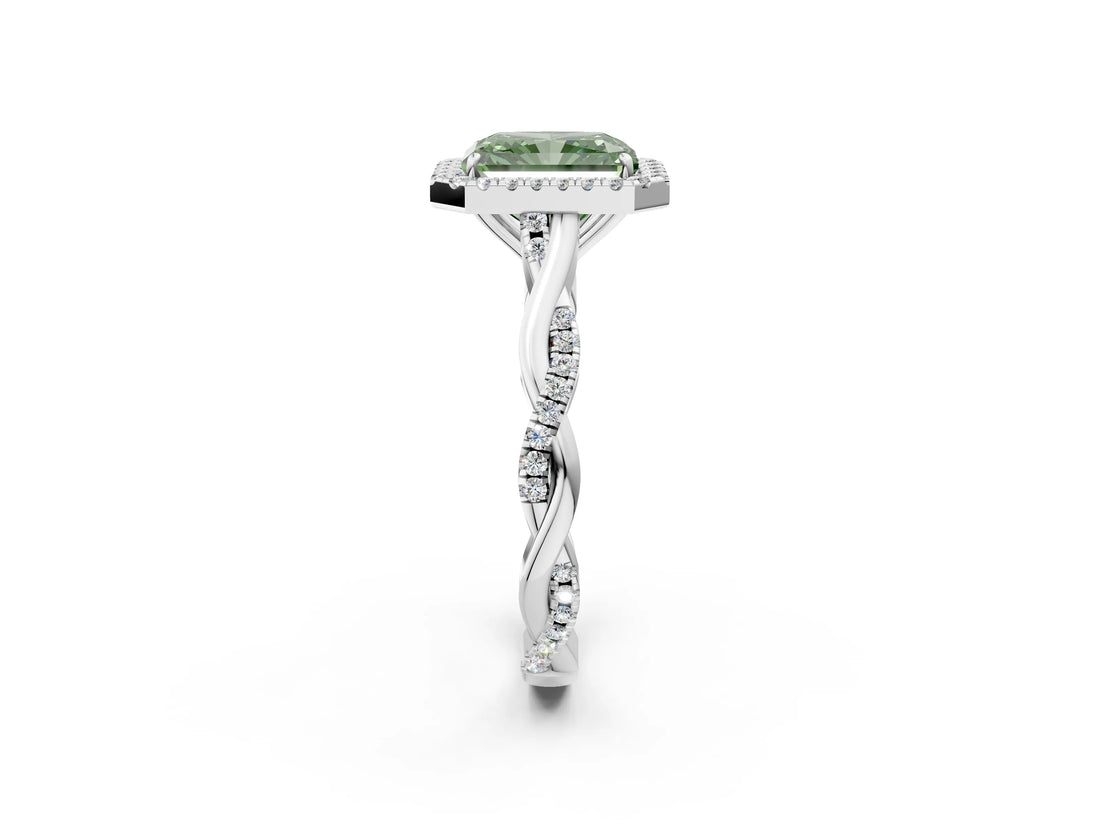 White gold Fancy Green Radiant Cut Halo Twist Band with Four-Prong Setting_2