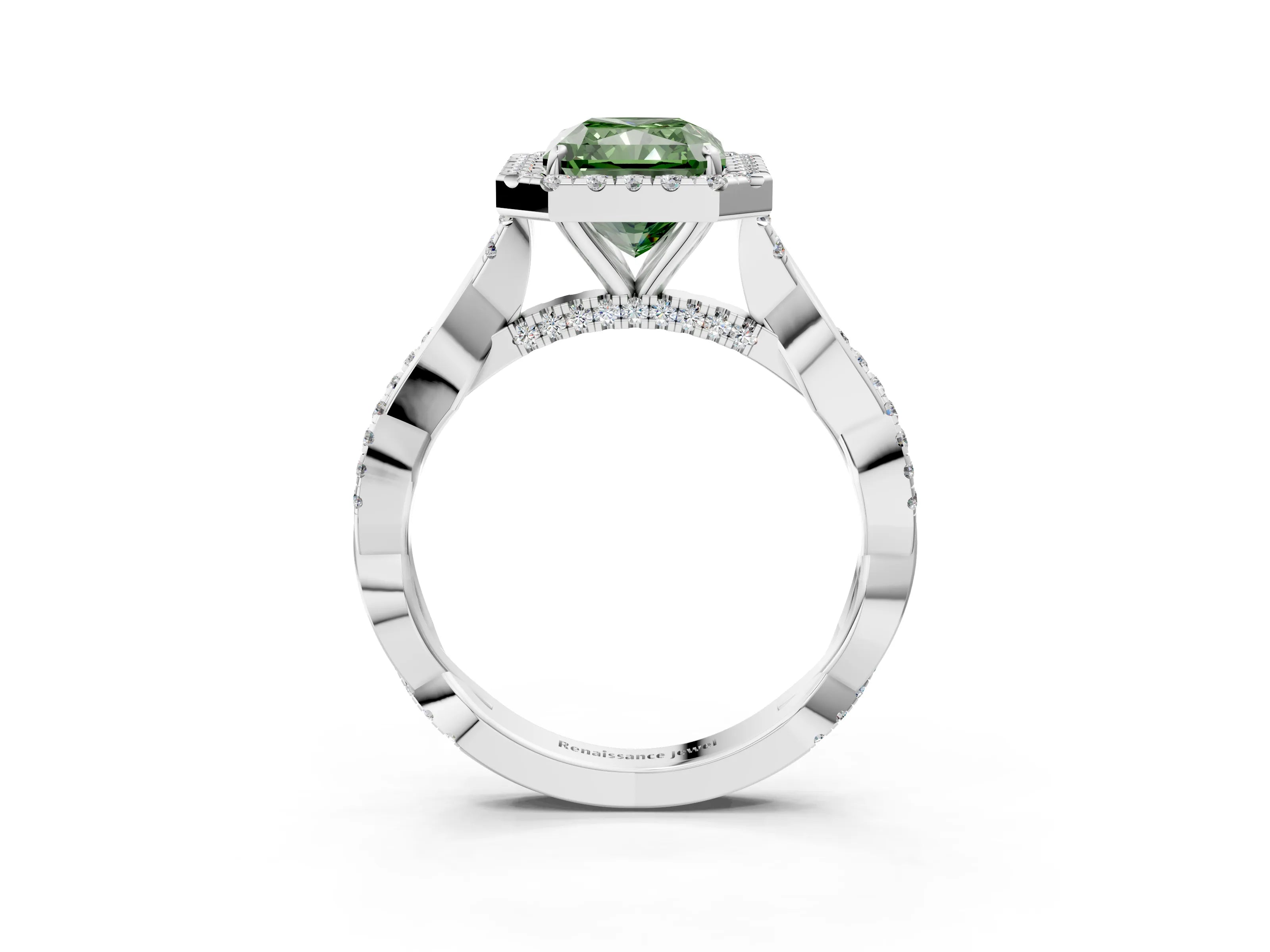 White gold Fancy Green Radiant Cut Halo Twist Band with Four-Prong Setting_3